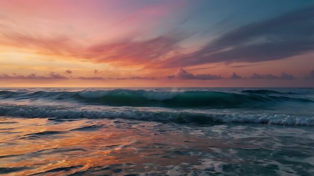 Ocean waves rolling towards the shore under a colorful sunset sky with clouds and reflections seen