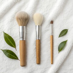 Fototapeta premium A flat lay of three makeup brushes with wooden handles on a white towel, with a green leaf