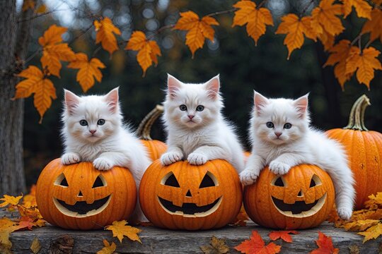 Fluffy White Kittens Relaxing on Autumn Pumpkins for Festive Greeting Card Background