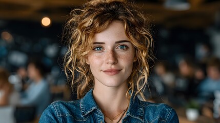 Obraz premium Woman with curly hair wearing a denim shirt smiles in an indoor setting.