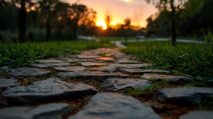 Stone path leads to sunset in a park