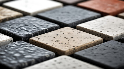 A close up shot showcasing an array of square tiles with varying color patterns and texture