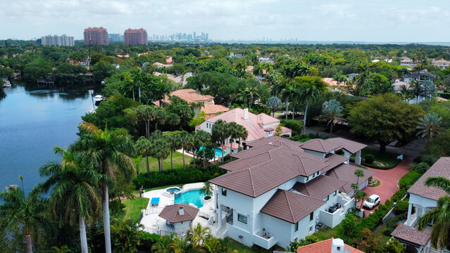Luxury waterfront amazing homes in Cocoplum, Coral Gables with Miami skyline view florida