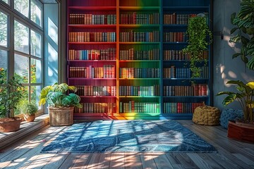A colorful modern living room with a prominent, well-stocked bookshelf filled with books and literature