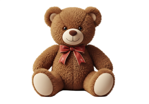 A fluffy brown teddy bear with a red bow tie sitting against a black background
