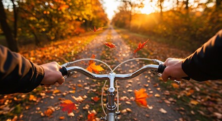 First-person view of cycling through a vibrant autumn forest path with golden sunlight and falling leaves