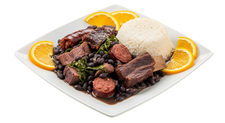 A square plate containing feijoada with oranges and rice on a white background for presentation on transparent background