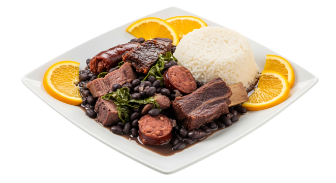 A square plate containing feijoada with oranges and rice on a white background for presentation on transparent background