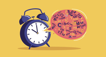 Alarm clock divulging linguistic expressions within a swirling dialogue cloud conveying the