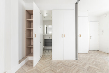 Bedroom wardrobe with custom interior organization system: hangers, boxes, and shoe racks included