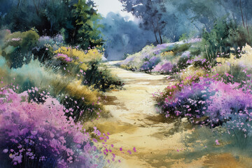 Vibrant floral landscape with path surrounded by colorful blooming flowers