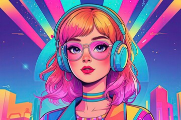 Colorful Cartoon-Style Synthwave Girl Illustration with Retro Vibes and Bright Backdrop