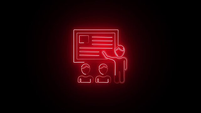 red Neon Glowing Presentation Board Icon on Dark Background. red Neon Presentation Panel Icon for UI. Cyber Glow E-Learning and Training Icon. Animated red Neon Training Module Symbol. 