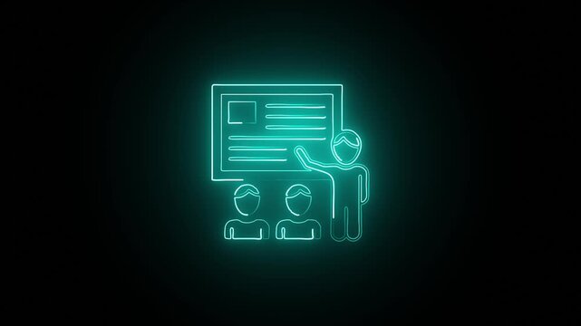 cyan Neon Glowing Presentation Board Icon on Dark Background. cyan Neon Presentation Panel Icon for UI.. Cyber Glow E-Learning and Training Icon. Animated cyan Neon Training Module Symbol. 