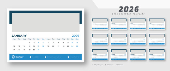 Desk calendar 2026 template | corporate desk calendar schedule 2026 monthly 12-page planner layout | week starts on Monday