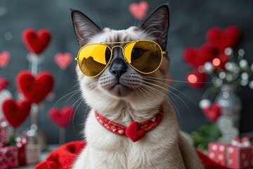 Naklejka premium Adorable Siamese Cat in Yellow Aviator Sunglasses Perfect for Valentine's Day Decor