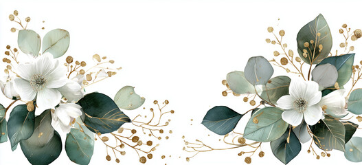 Floral watercolor illustration features gold accents, creating elegant texture for invitation design, wedding cards, or print products.