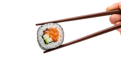 PNG chopsticks holding sushi maki roll with salmon and cucumber, Japanese food on transparent background