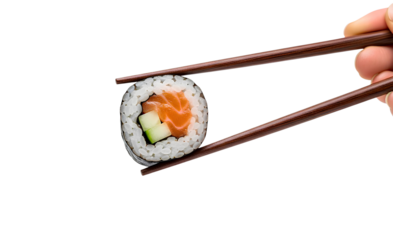 PNG chopsticks holding sushi maki roll with salmon and cucumber, Japanese food on transparent background