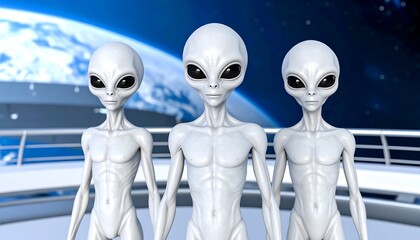Obraz premium Three aliens on a space platform
