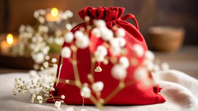 A vibrant red drawstring pouch sits amidst delicate white flowers and soft lighting, suggesting a festive, warm atmosphere
