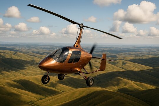 Copper gyrocopter adventure over rolling green hills in bright daylight