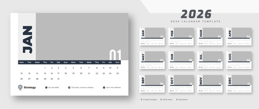 Desk calendar 2026 template | corporate desk calendar schedule 2026 monthly 12-page planner layout | week starts on Monday