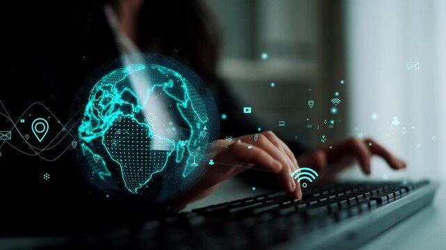 A person typing on a keyboard with an artistic digital globe overlay, symbolizing global connectivity and the importance of technology in modern communication and innovation. Xenic - Powered by Adobe
