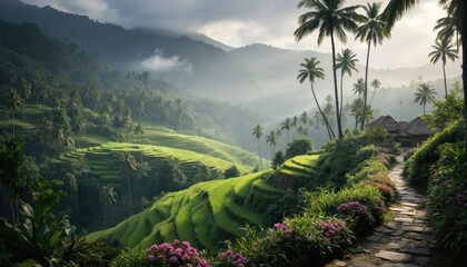 Green rice terraces cascade down hillsides in Bali, Indonesia. Tiered fields, palm trees, misty sunlight create serene Southeast Asian tropical landscape. Stone path winds through vibrant flora