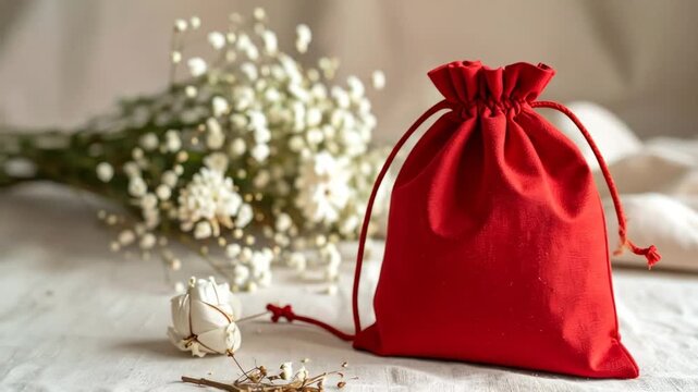 A vibrant red drawstring pouch sits among white flowers, the backdrop a soft, cream fabric, suggesting delicate gift presentation