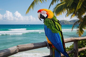 Colorful Parrot Watching Tropical Ocean Waves