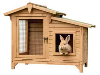 Wooden outdoor rabbit hutch with bunny in window
