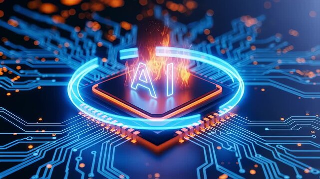 Highdefinition animation of rotating neon chip labeled AI set against a sleek blue and orange digital circuit layout.