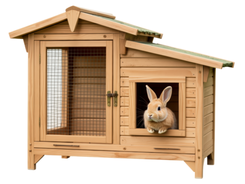 Wooden outdoor rabbit hutch with bunny in window
