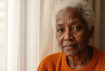 Serene elderly African American woman with wisdom etched face gazes thoughtfully. Her skin texture shows age, conveying elegance, grace, and dignity through her pensive expression.
