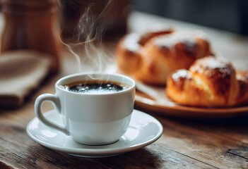 Hot coffee with steam served in a white cup on a wooden table with baked pastries in the background