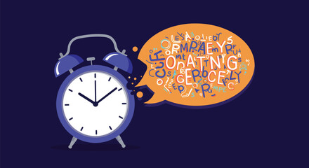 Conceptual alarm clock illustration displaying a wordy speech bubble signifying time management