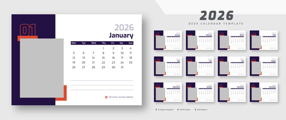 Desk calendar 2026 template | corporate desk calendar schedule 2026 monthly 12-page planner layout | week starts on Monday