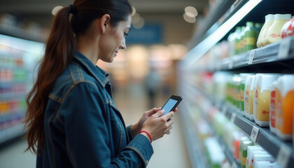 Young woman using smartphone while shopping in grocery store  