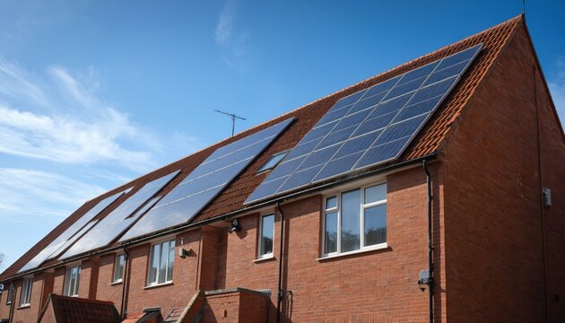 Traditional UK terraced houses feature solar panels on tiled roofs, reflecting renewable energy adoption in residential architecture. Urban housing integrates sustainable living, showing clean energy - Powered by Adobe