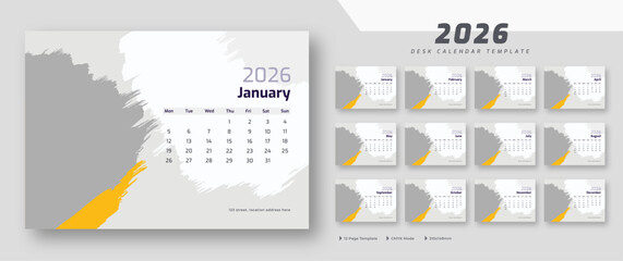 Desk calendar 2026 template | corporate desk calendar schedule 2026 monthly 12-page planner layout | week starts on Monday