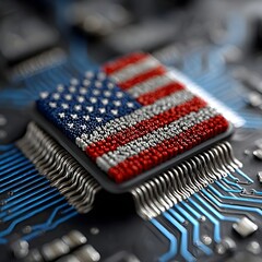 American flag colors on computer chip with red, white design, surrounded by digital circuitry and blue lines network. Patriotic technology and innovation fusion concept