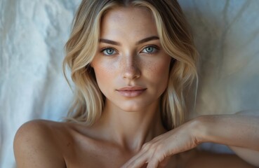 Close-up portrait of beautiful blonde woman with blue eyes, freckles. Soft waves in hair, confident, elegant expression. Lighting creates gentle, alluring mood, perfect for beauty, fashion editorials.