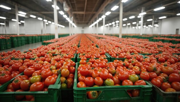 Vast warehouse filled with rows of fresh ripe tomatoes stacked in green plastic crates. Produce ready for distribution, showcasing bulk food storage, agriculture, and the food industry supply chain.