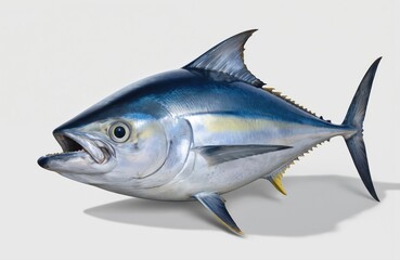 Naklejka premium Whole raw tuna fish isolated on white background. Blue and silver saltwater fish, thunnus thynnus, seafood ingredient ready for cooking. Healthy ocean delicacy, prime market catch.