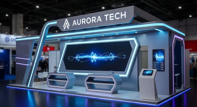 Aurora tech trade show booth design illustrating cutting edge technology in a modern and professional environment