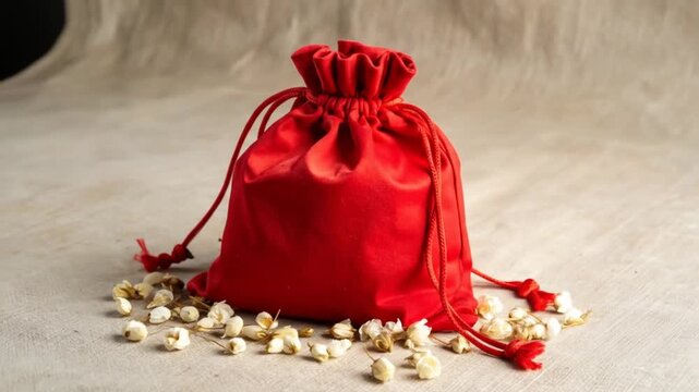 A vibrant red velvet drawstring bag sits amidst delicate dried flowers, on a textured surface, creating a scene of elegance