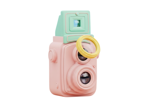 Photo of pink and mint green vintage twin lens camera isolated on transparent background