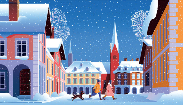 Winter urban European cityscape with playing children, traditional houses and churches under snow. Trendy handmade drawing vector illustration. Can be used for Christmas gifts, decorations etc.