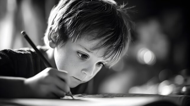 Young boy concentrating while drawing or writing with a pencil in black and white.